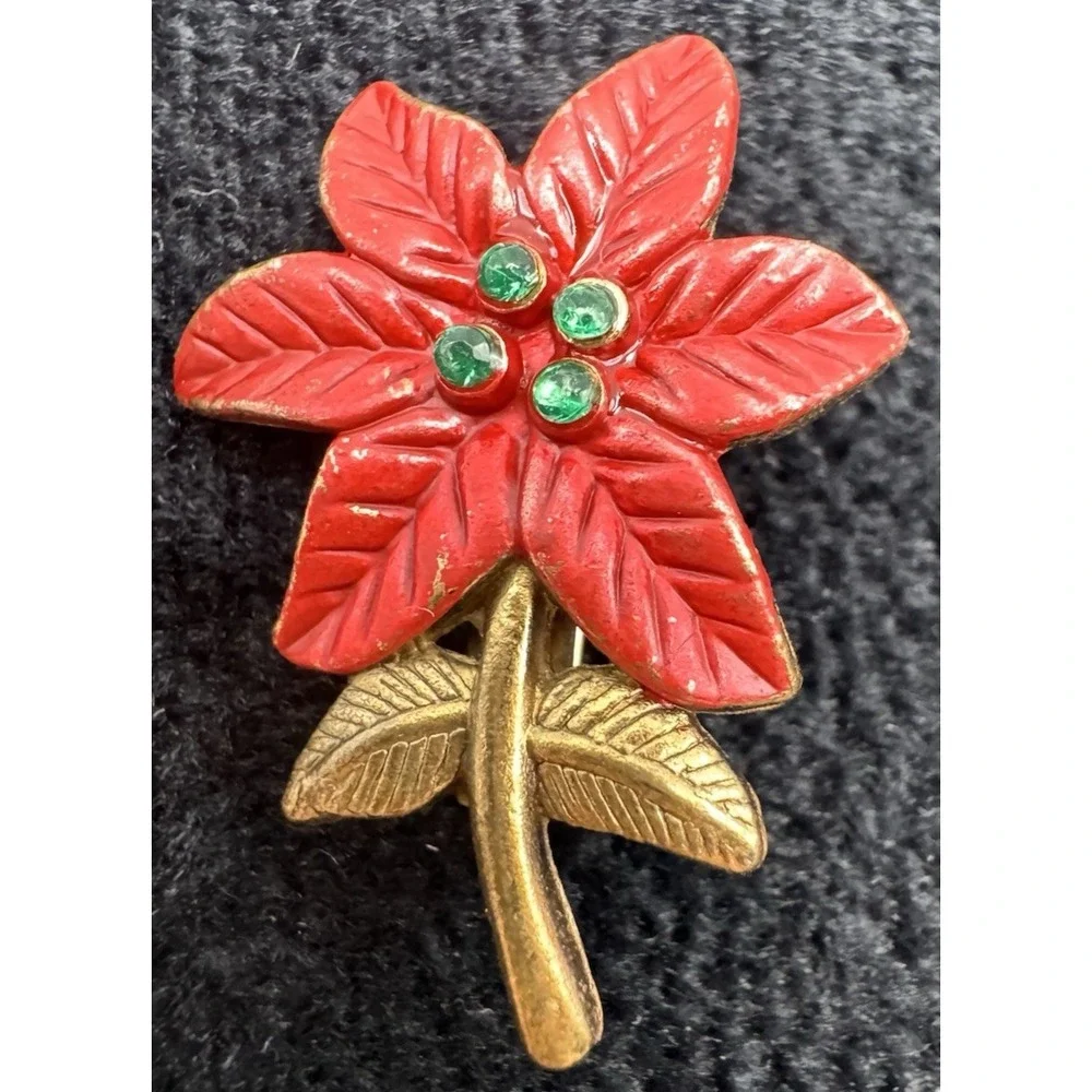 Vintage Poinsettia Brooch Red Enamel Green Rhinestone Gold Tone Christmas Pin Pe